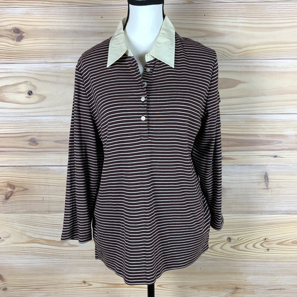 Chaps Polo Shirt Womens XL Brown Striped Long Sleeve Button Collar Cotton Preppy